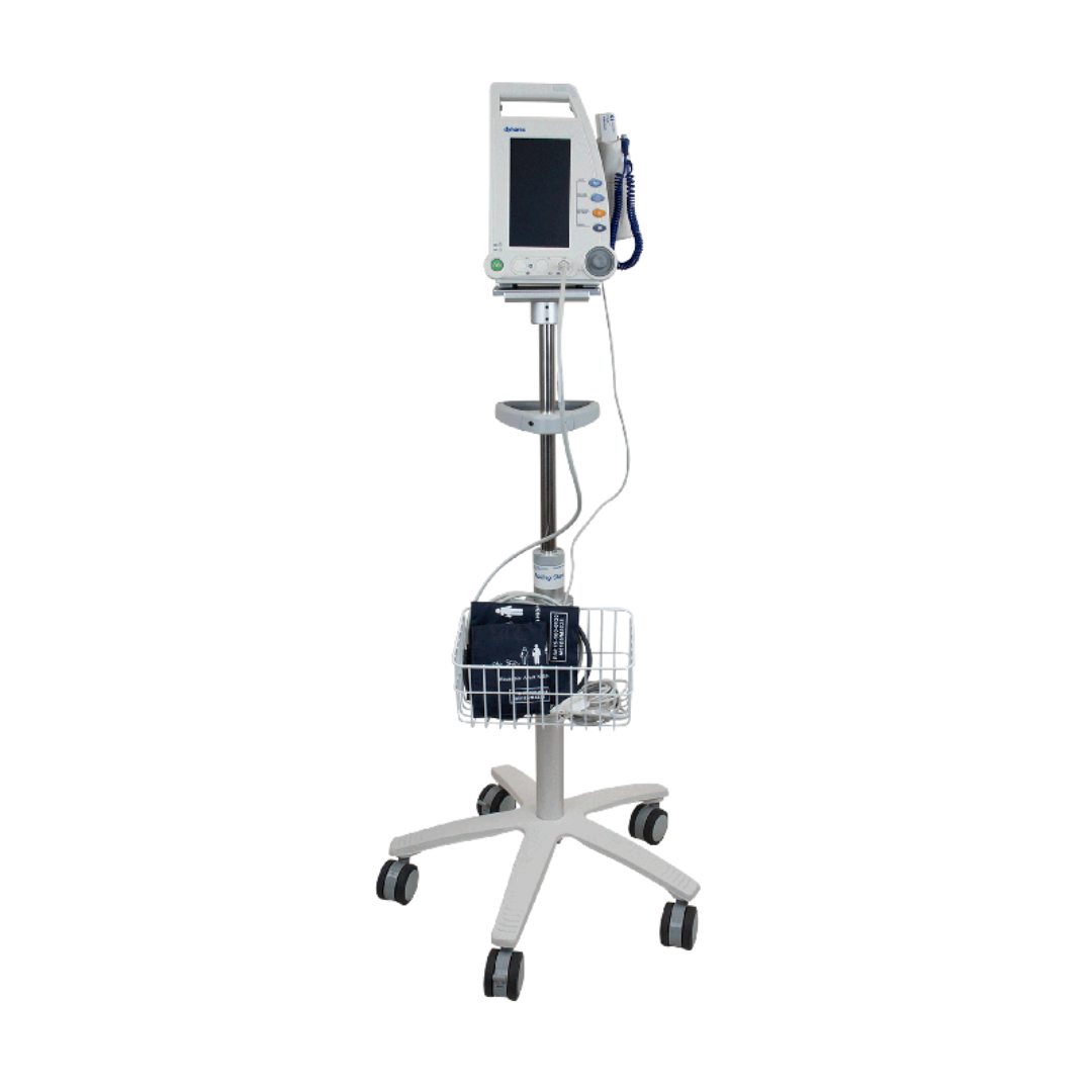 The Dynarex Vital Signs Patient Monitor w/ Stand is a hospital-grade device on wheels with a display, blood pressure cuff, cables, and wire basket for patient monitoring. Specs and warranty details available upon request.